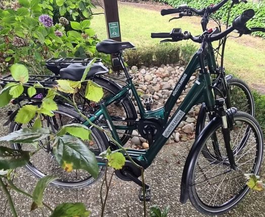 Zwei Leih-E-Bikes von Münsterlandrad an der Ladestation