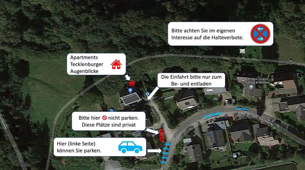Luftbild mit Parkhinweisen: Einfahrt nur zum Be- und Entladen, Privatplätze nicht beparken, Parken auf der linken Straßenseite erlaubt, Halteverbote beachten